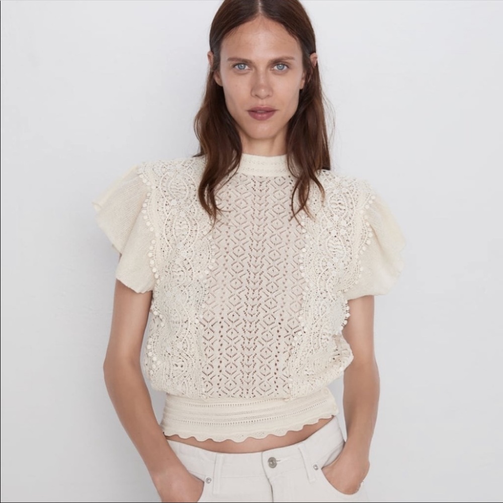 Zara Mock Neck Ivory Crochet and Lace Top